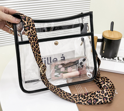 Stadium-Approved PVC Clear Crossbody Shoulder Bag with Leopard Strap plus free extra coordinating strap