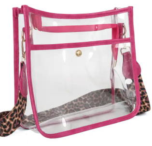 Stadium-Approved PVC Clear Crossbody Shoulder Bag with Leopard Strap plus free extra coordinating strap