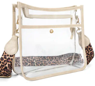 Stadium-Approved PVC Clear Crossbody Shoulder Bag with Leopard Strap plus free extra coordinating strap