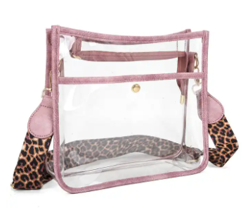 Stadium-Approved PVC Clear Crossbody Shoulder Bag with Leopard Strap plus free extra coordinating strap