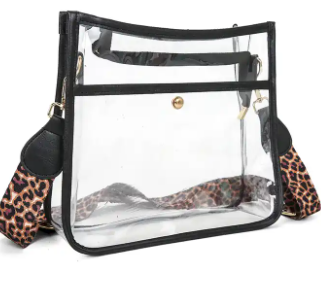 Stadium-Approved PVC Clear Crossbody Shoulder Bag with Leopard Strap plus free extra coordinating strap